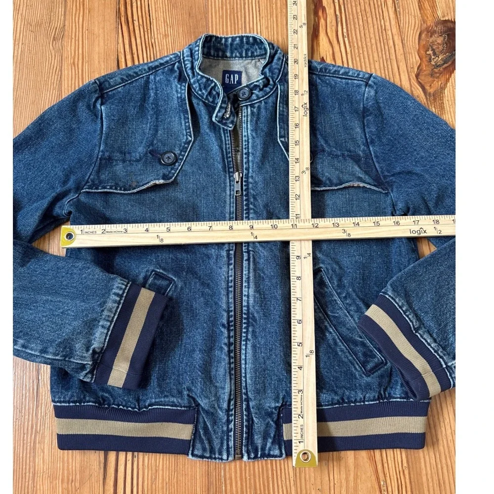 Gap Denim Bomber Jacket Kids Blue Striped Trim Varsity Mock Neck SIZE S